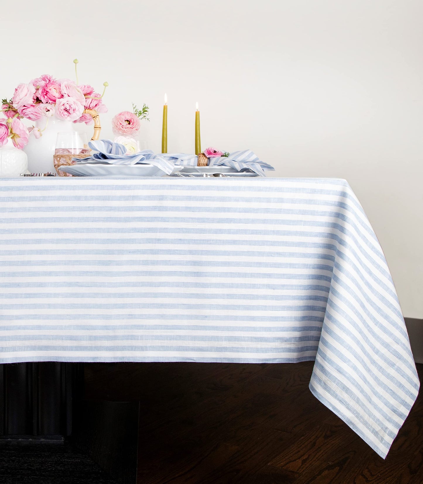 Solino Home 100% Linen Table Cloth, Throw, 52 x 52 in, Coral, Amalfi Stripe | Striped Linen Tablecloth a neat topper for bistro, card and side tables | Coral and White | Pure Linen | OEKO-TEX Certified BST326SOLH