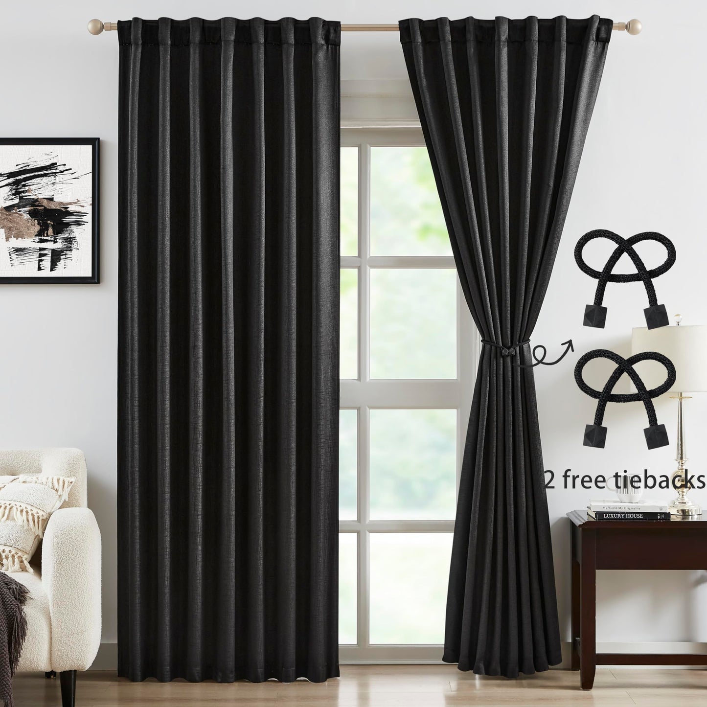 Bujasso Gray Jacquard Blackout Window Curtain Panels, 54" Wx84 Lx2 | Back Tab Rod Pocket with Magnetic Tiebacks,Thermal Insulated,85% Room Darkening Light Blocking Drapes for Bedroom Living Room BST326H