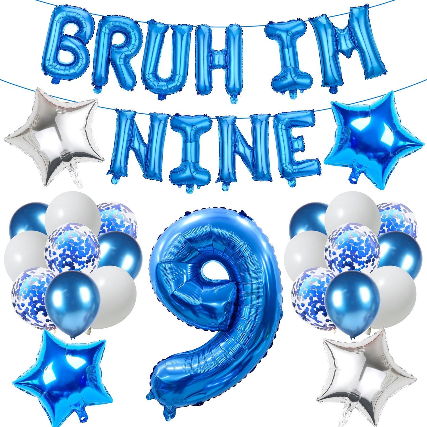 9th Birthday Decoration Balloon Banner - 33 Pcs Blue Bruh Im Nine Letter Banners Number 9 Star Foil Latex Balloons for Boys And Girls Happy Birthday Celebration Party Decor Supplies BST326L