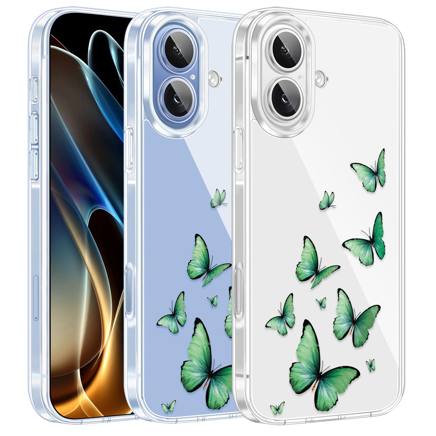 Cute Girly Crystal Clear Case Compatible with iPhone 16 Pro, Camera Control & Shockproof Protection Floral Case for Women, Blue Butterflies WN420