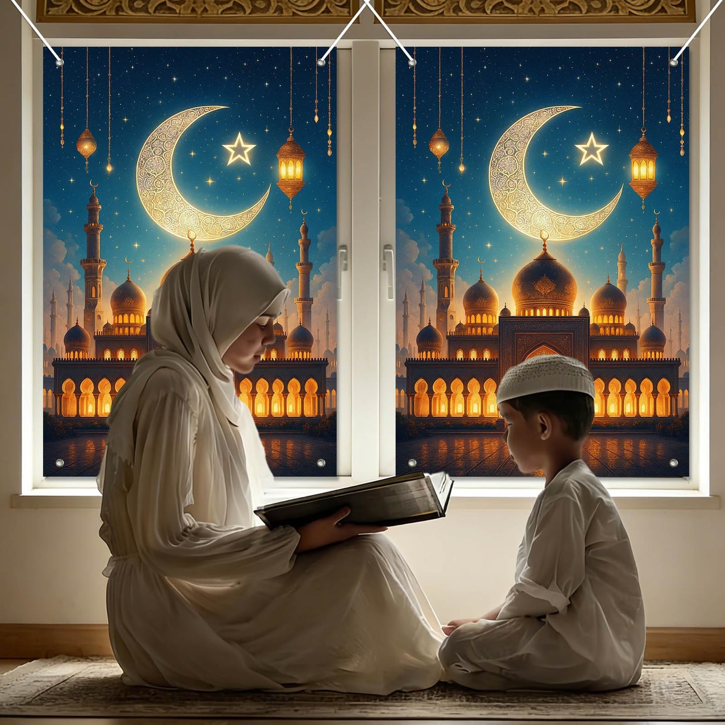 HOMETITUTE Eid Ramadan Window Banner Holiday Curtain Backdrop 31x47 Fabric | Mubarak Cover Festival Screen Windows Banner Hanging Living Room Bedroom Home Crescent Moon Star Pattern Design BST326H