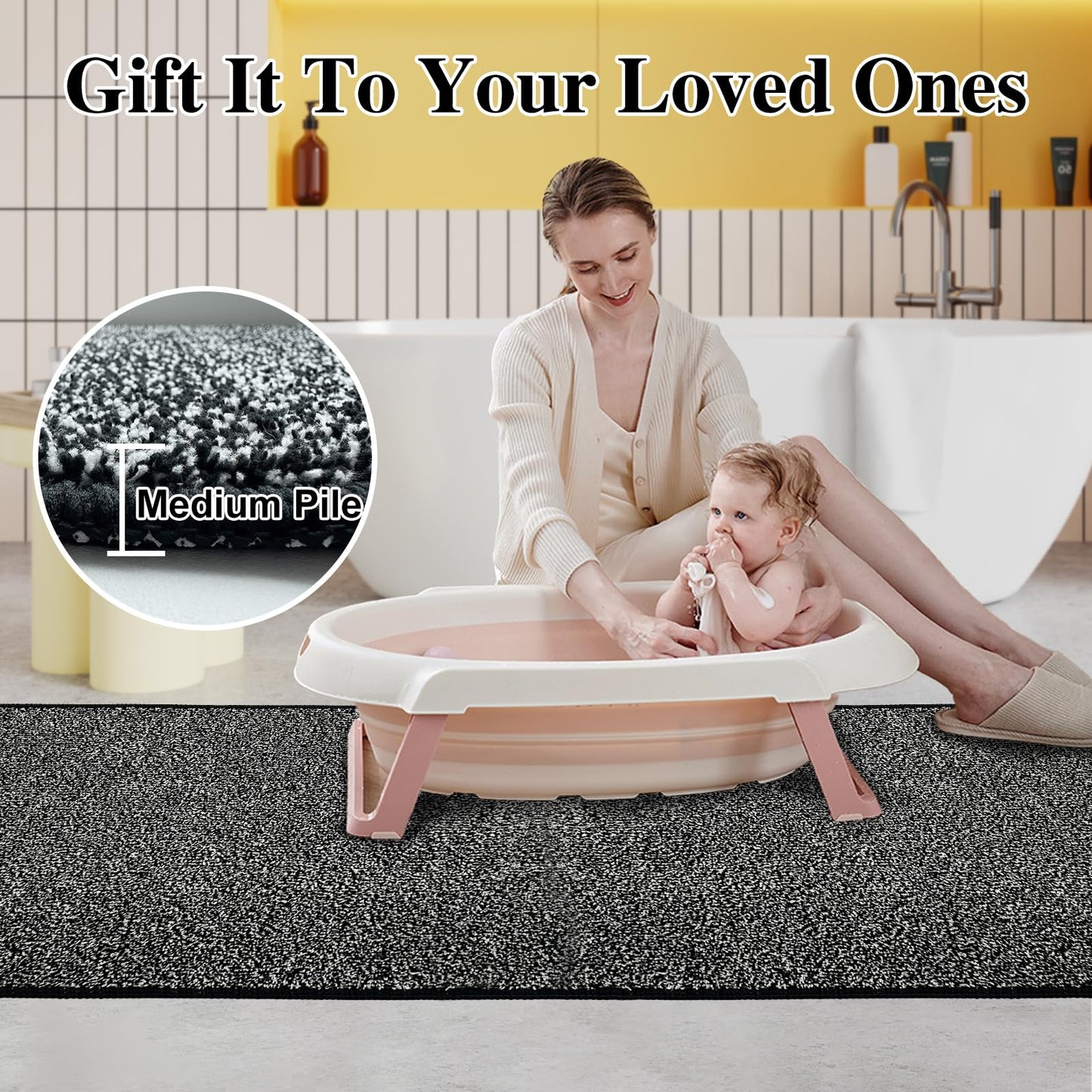 HDFK Bathroom Rugs | Non Slip Washable Bath Mats 24x16 Inches 2 Tone Soft Chenille Medium Pile TPR Floor Mat | High Absorbency Quick Dry Grey and White | Shower Rug for Wet Dry Zone BST220