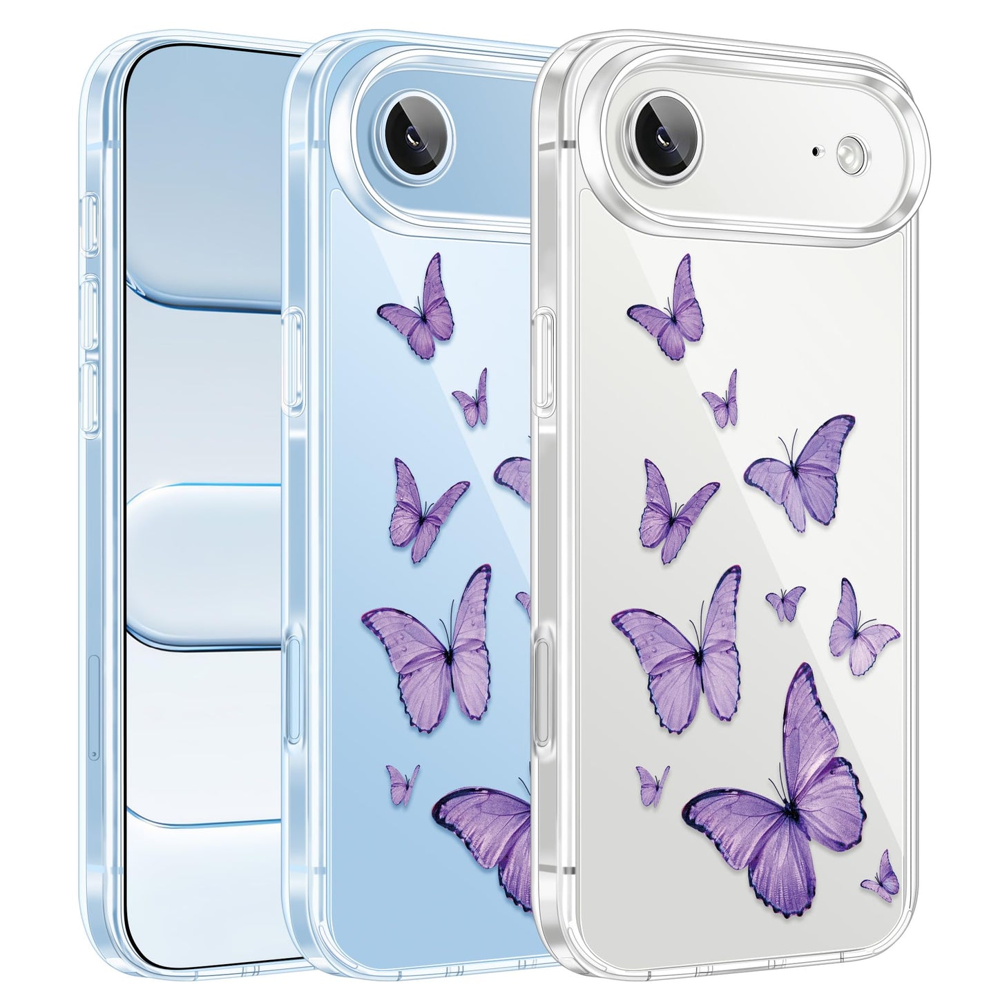 Cute Girly Crystal Clear Case Compatible with iPhone 16 Pro, Camera Control & Shockproof Protection Floral Case for Women, Blue Butterflies WN420