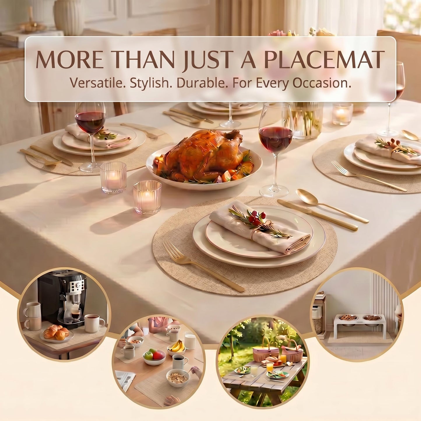 Faux Leather Placemats Set of 6, Wipeable Waterproof Stain Resistant Table Mats, Heat Resistant Thick Placemats with Hand-Painted Edges for Kitchen Dining, Imitative Linen Texture, Various Shapes BST326H