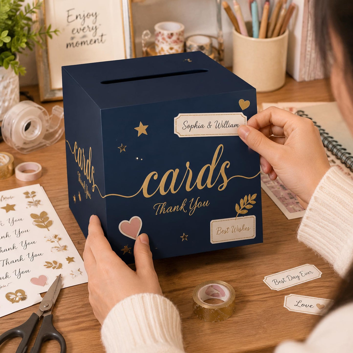 1 Pack White and Gold Wedding Card Box for Party Graduation Bridal Baby Shower Retirement Decorations Cardboard Birthday Card Holder Raffle Ballot Voting Box with Slot 7.8 x 7.8 x 7.8 In BST220
