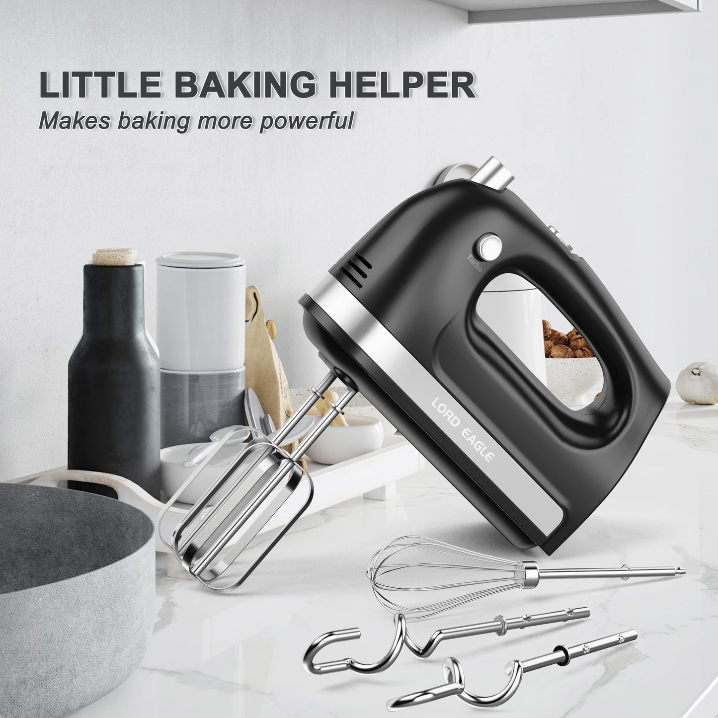 Lord Eagle Hand Mixer Electric Handheld 400W, 5-Speed Lightweight Kitchen Mixer with Storage Case, 5 Stainless Steel Attachments for Baking Cake Egg Cream Food Beater, Turbo+Eject Button, Pink