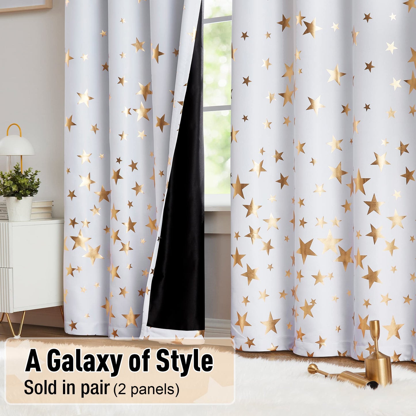 Treatmentex Gold Star Black Full Blackout Curtains for Boys Bedroom, Metallic Window Panels for Baby Nursery Room Grommet Top 2 pcs(Black Gold, 50x63in) BST202