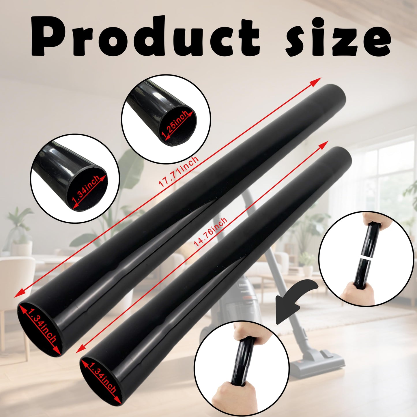 Vacuum Extension Tubes 2Pack, 1.25 Inch Diameter, 14.76" and 17.71" Length - Black | Compatible with 1-1/4 Inch Hose Wet/Dry Vacuum Cleaners | Versatile Tool (Black, 1 P14.76" +1 P 17.71 ") BST202