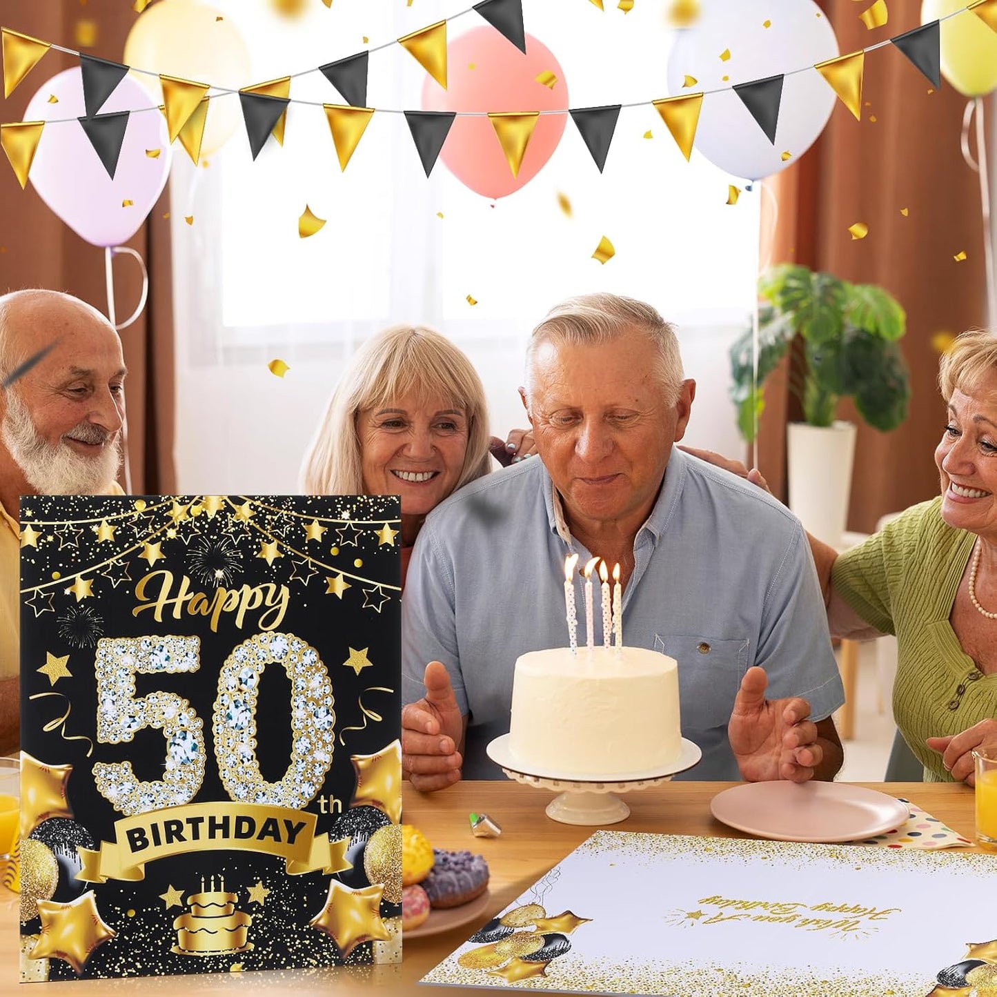 RUMIA 50th Birthday Greeting Card Large 50th Birthday Decorations Giant 50th Birthday Card Giant 50th Birthday Guest Signature Guest Book Black Gold 50th Birthday Party Decoration for Men Women WN420
