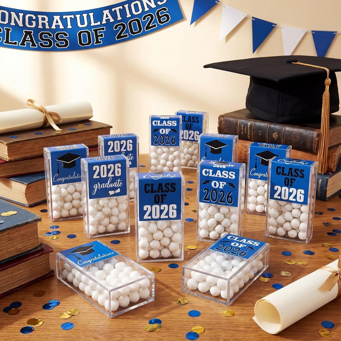 AceOrbit 2026 Graduation Candy Jar Bulk for 24 Guest 3.54 Inch Empty After Dinner Candy Tube Buffet Container Acrylic Box with Sticker for Class of 2026 End of Year Gifts Multi-item Party Favor(Blue) WN420