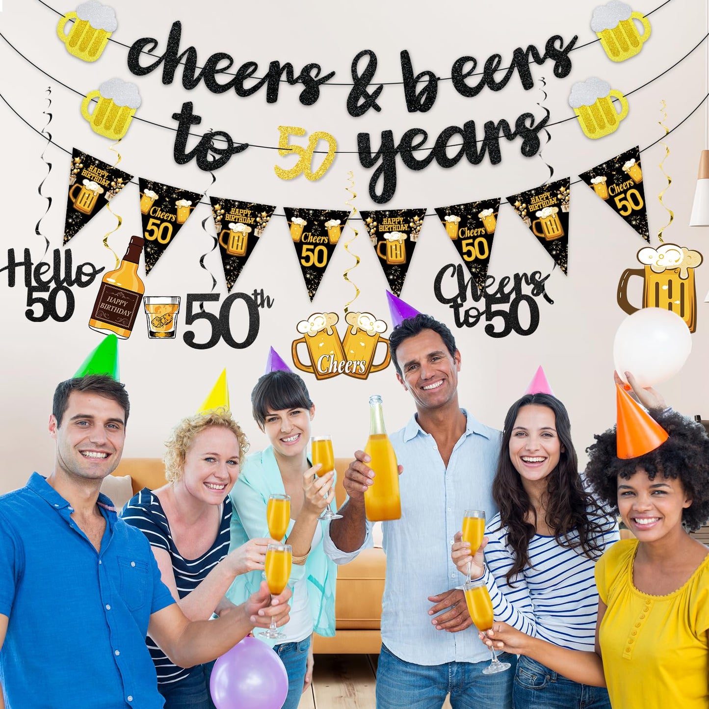 Black Gold 90th Birthday Decorations for Men Women, Glitter Pre-Strung Cheers to 90 Years Banner Hello 90 Hanging Swirls Paper Triangle Flag Banner Decorations Bday Party Supplies Kit WN420