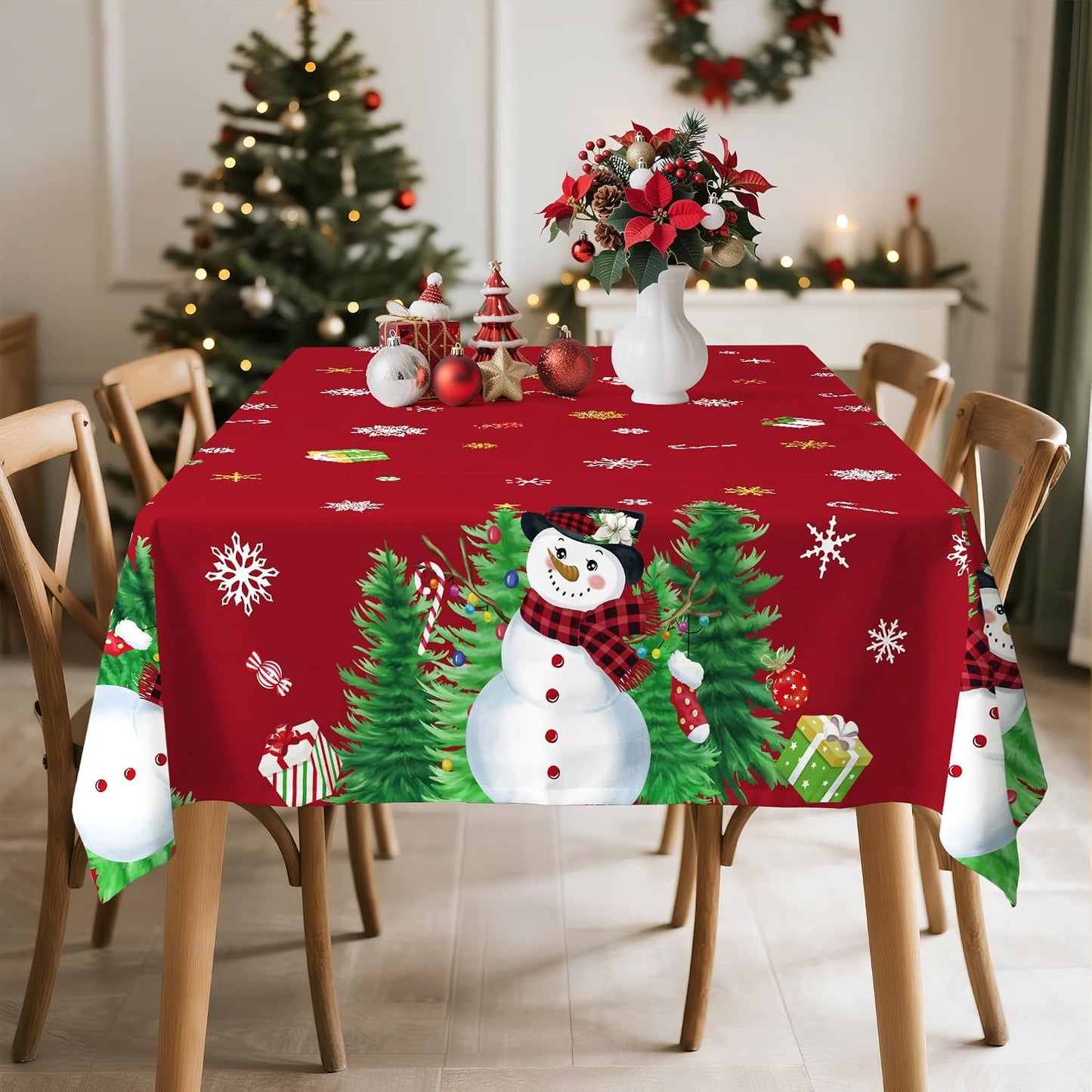 Christmas Tablecloth Waterproof, Red Snowman Snowflake Table Cloth Rectangle, Washable Table Cover for Christmas Party Home Kitchen Decoration (60×120 Inch) BST202