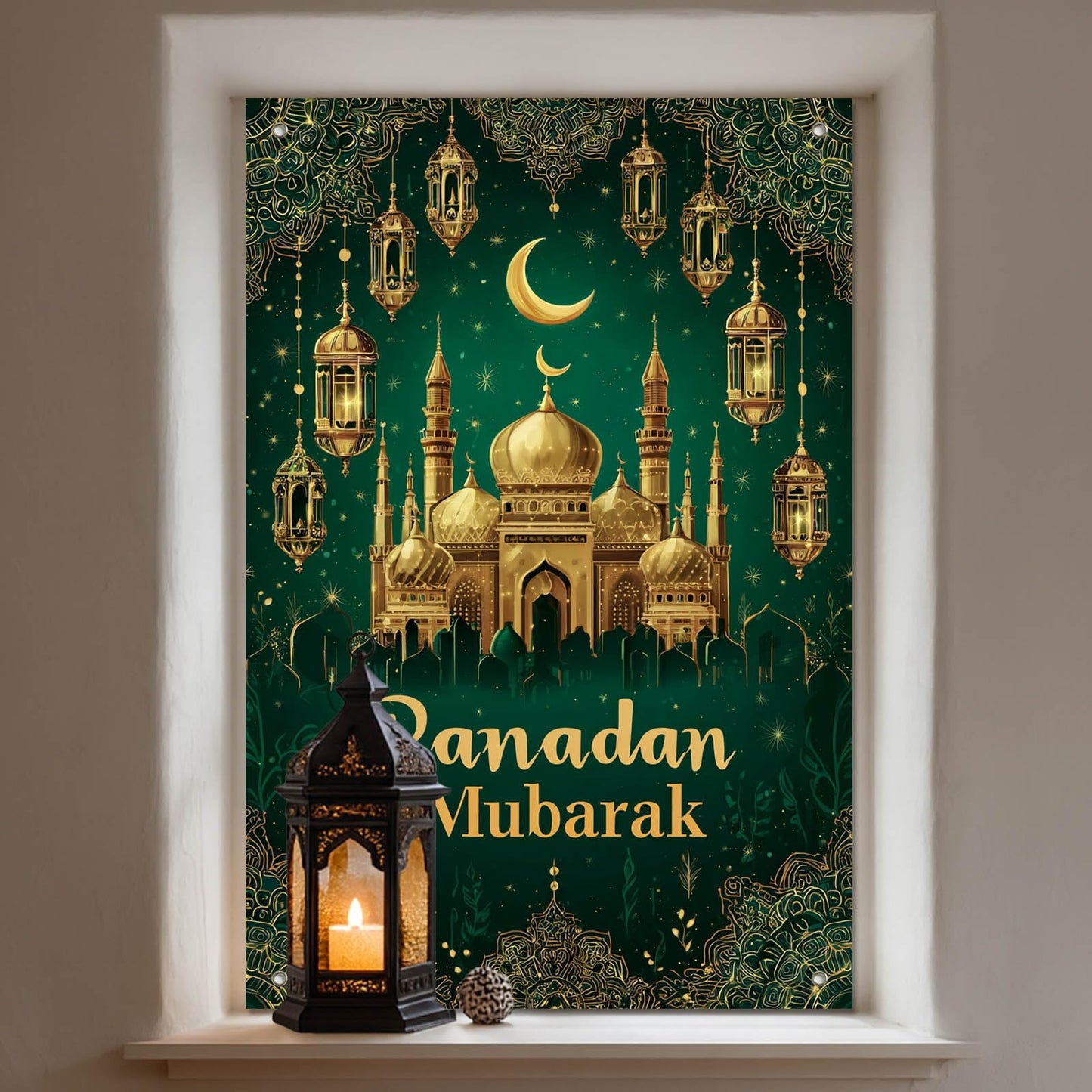 HOMETITUTE Eid Ramadan Window Banner Holiday Curtain Backdrop 31x47 Fabric | Mubarak Cover Festival Screen Windows Banner Hanging Living Room Bedroom Home Crescent Moon Star Pattern Design BST326H