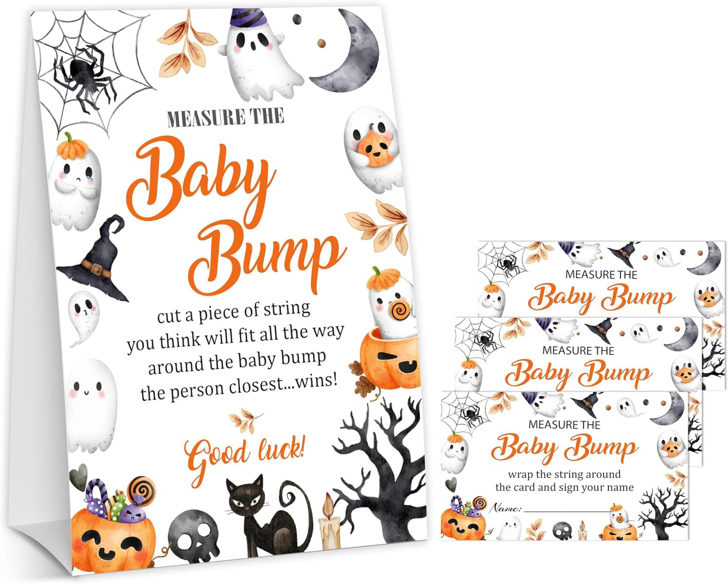 Halloween Baby Shower Measure The Baby Bump, 1 Self-Standing Sign + 50 Tickets for Little Ghost Gender Reveal Announcement Party Favor Supplies - D12 BST326L