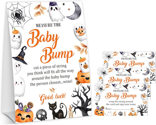 Halloween Baby Shower Measure The Baby Bump, 1 Self-Standing Sign + 50 Tickets for Little Ghost Gender Reveal Announcement Party Favor Supplies - D12 BST326L