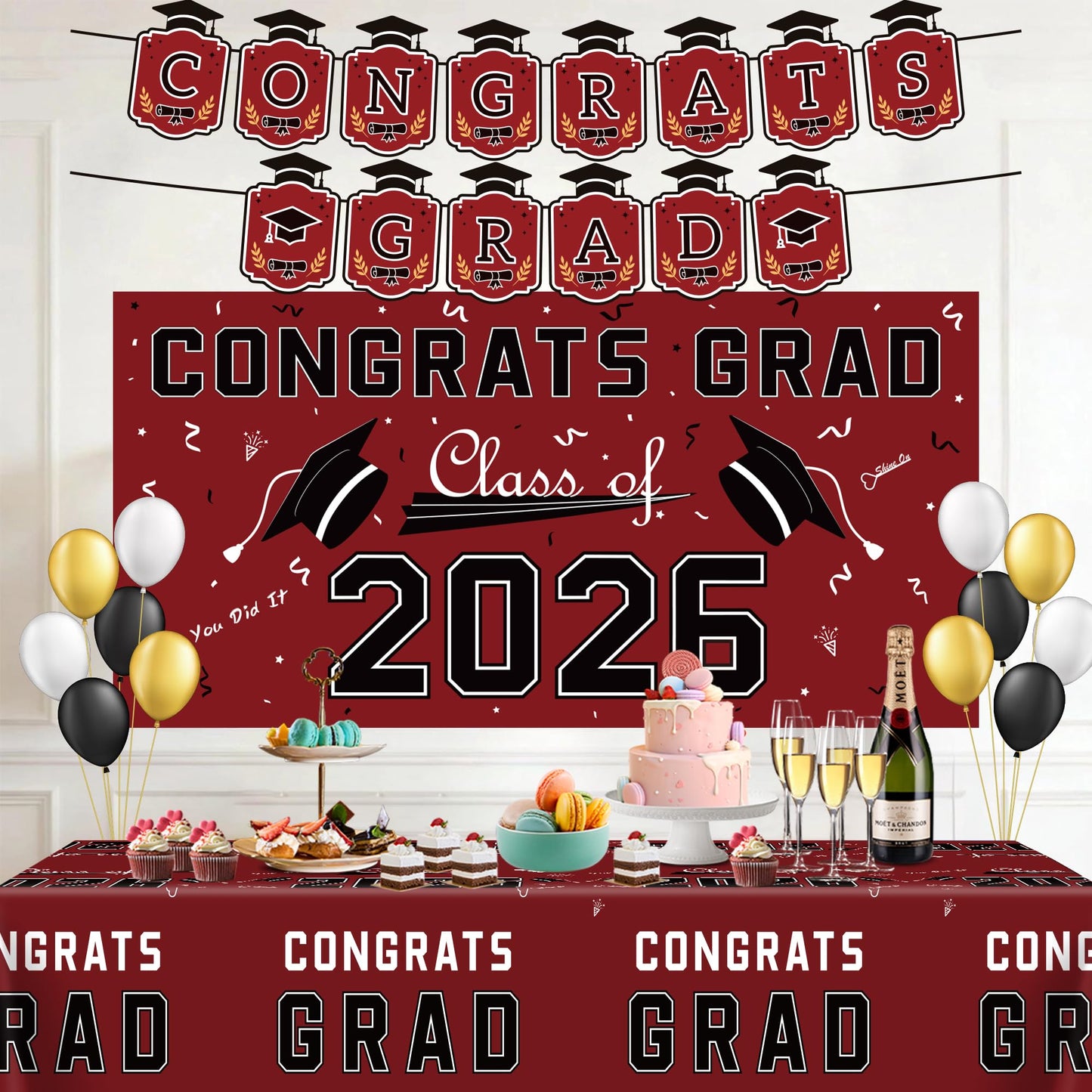 Graduation Decorations 2026 2027 - Red Congrats Grad Banner Backdrop Tablecloth Set - Graduation Decorations Class of 2026 | Graduation Party Favors Supplies WN420