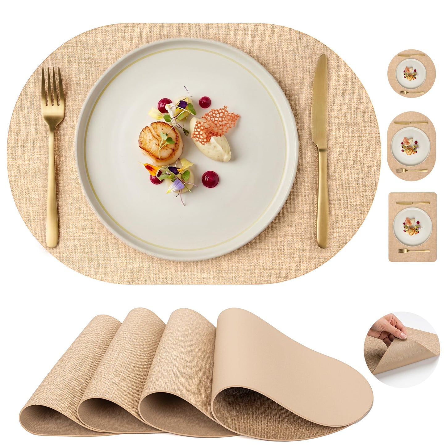 Faux Leather Placemats Set of 6, Wipeable Waterproof Stain Resistant Table Mats, Heat Resistant Thick Placemats with Hand-Painted Edges for Kitchen Dining, Imitative Linen Texture, Various Shapes BST326H