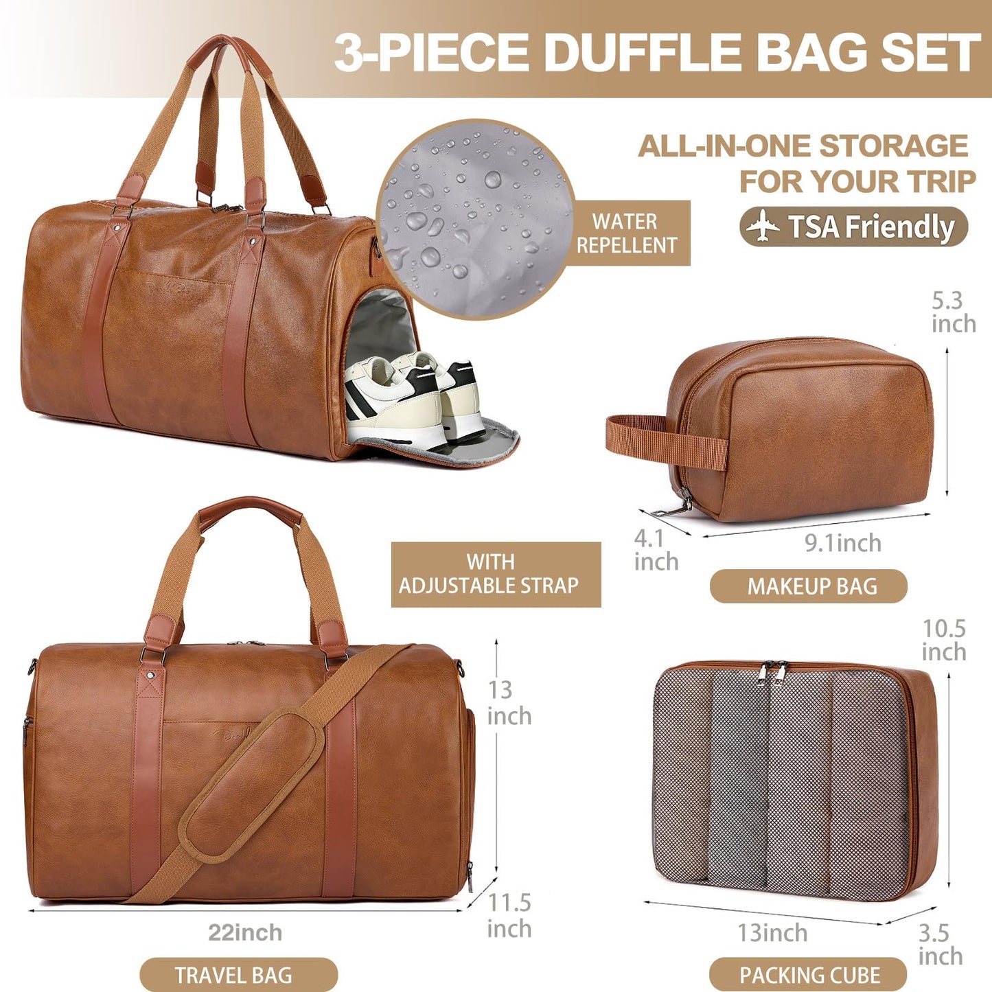Large 4-in-1 Leather Duffle Bag for Travel Weekender Overnight Hospital Gym Bag for Men & Women, Carry On Airline Approved Personal Item Duffel Garment Bag Luggage with Shoe Compartment & Toiletry Bag BST326H