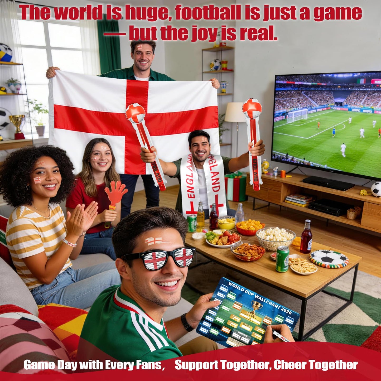 World Cup 2026 Fan Accessories with Large 3x5 ft Flag, Match Tracker Poster, Stickers, Cheering Sticks, Clapper & Scarf, World Cup Decorations Fan kit for Soccer Watch Party, Stadium and Home Cheering BST202
