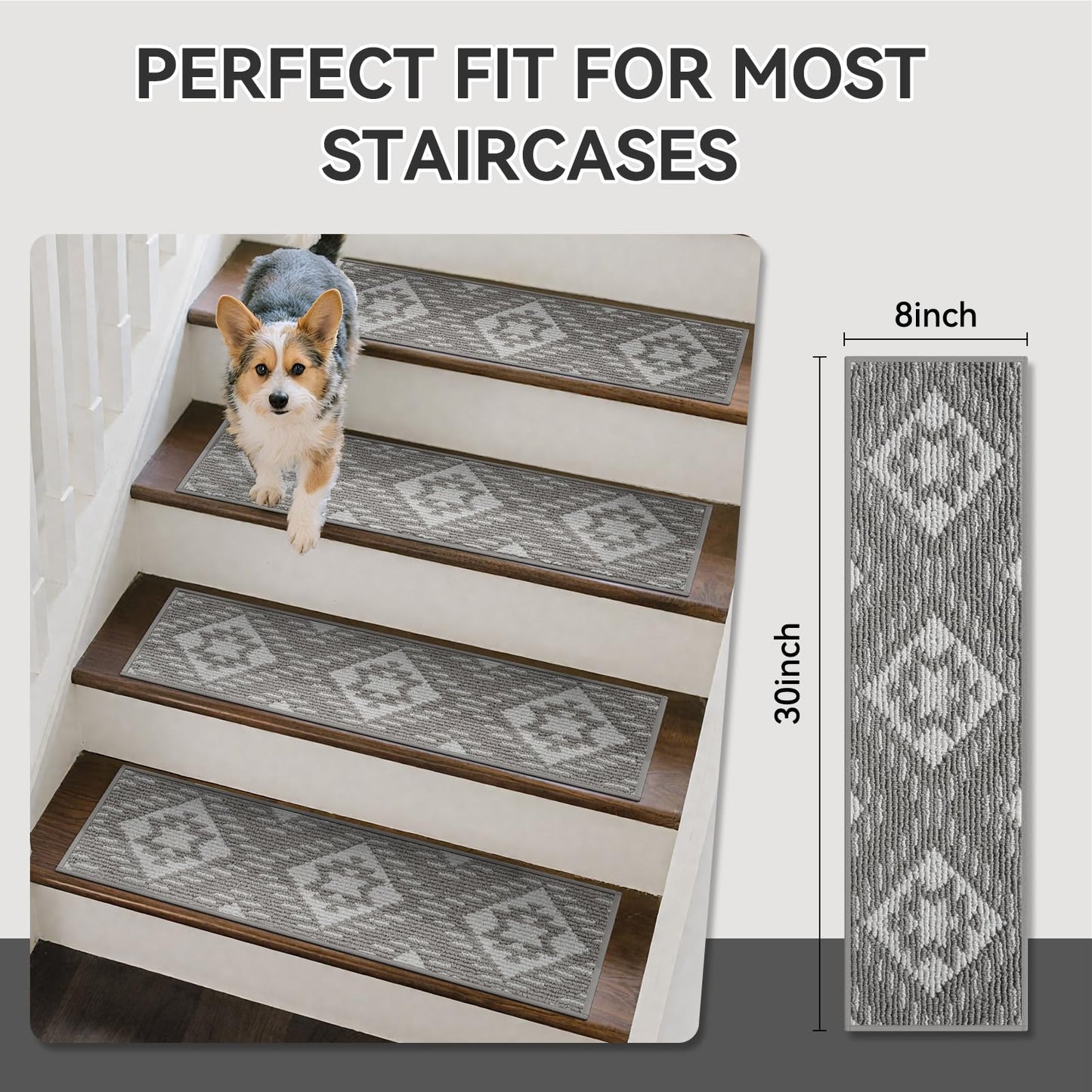 YDKGL Stair Treads Non Slip Indoor 4PCS, Rubber Backing Stair Runner Rugs for Wooden Steps, Residue Free Stair Carpet Treads for Kids Elders and Pets, Machine Washable Stair Mats, Gray, 8" x 30" WN420