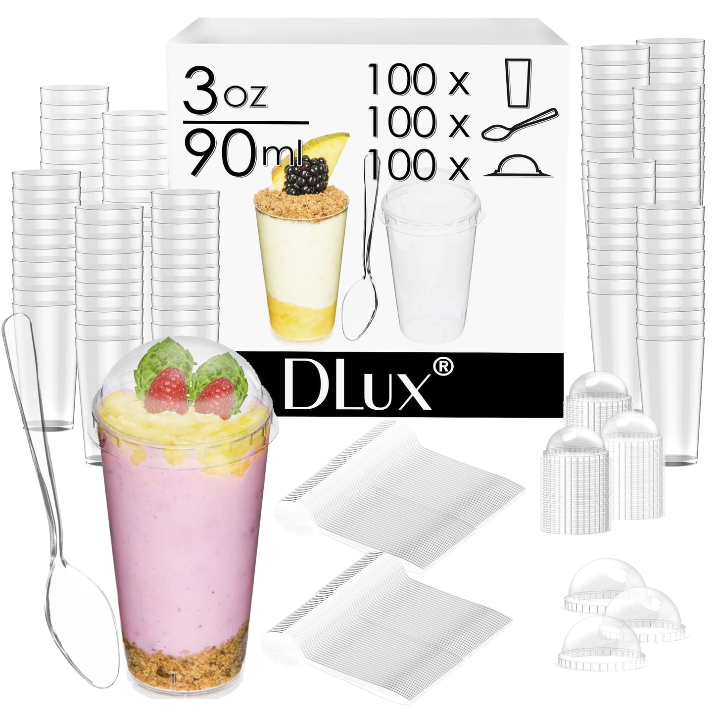 DLux 100 x 3 oz Mini Dessert Cups with Spoons, Shooter - Clear Plastic Parfait Appetizer Cup - Small Reusable Shooter Glass for Tasting Party Shooters Desserts Appetizers - With Recipe Ebook BST220
