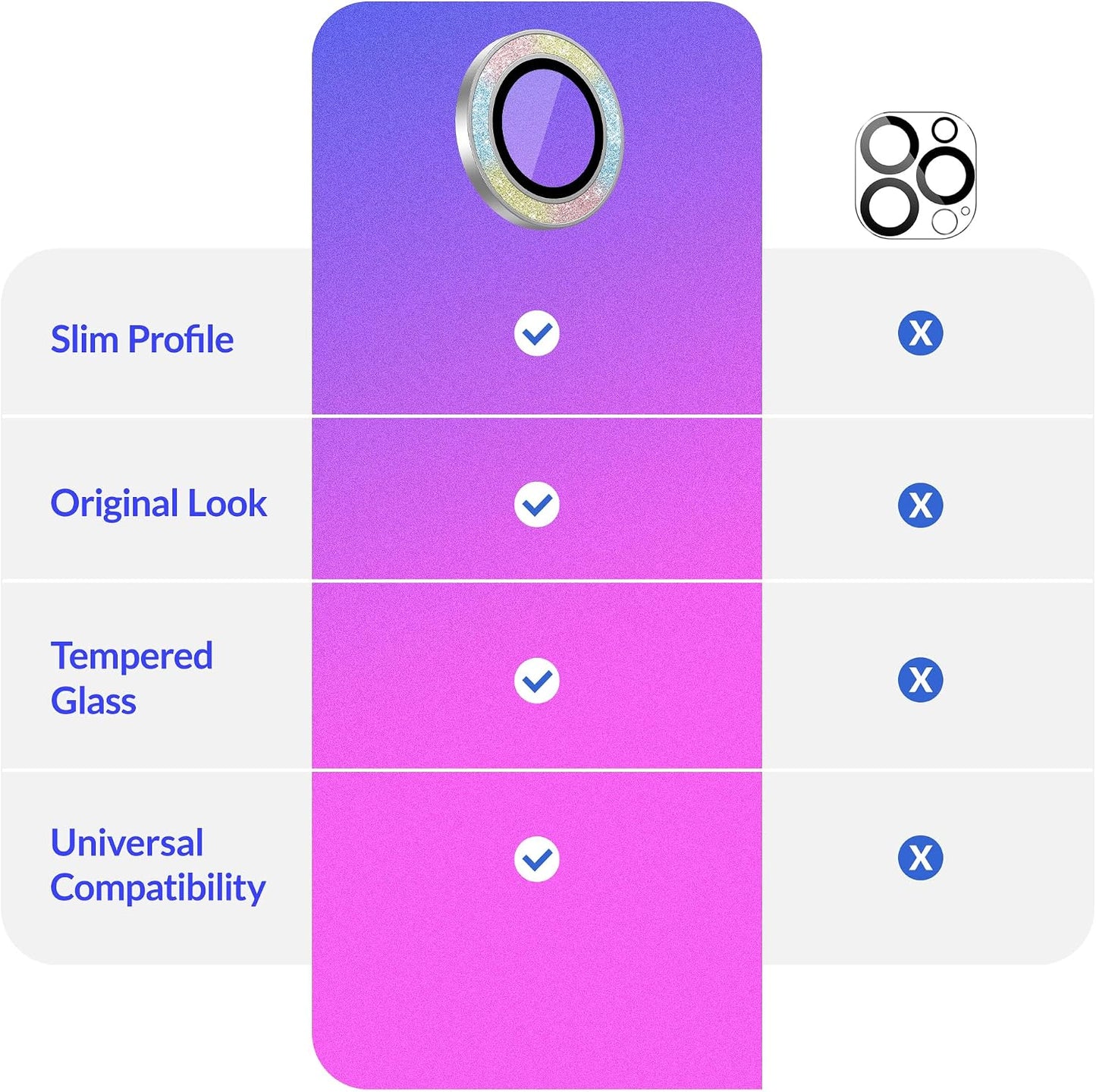 LONLI - for iPhone 16 Pro | 16 Pro Max - Triple Individual Camera Lens Protector - Rainbow Holographic Glitter WN420