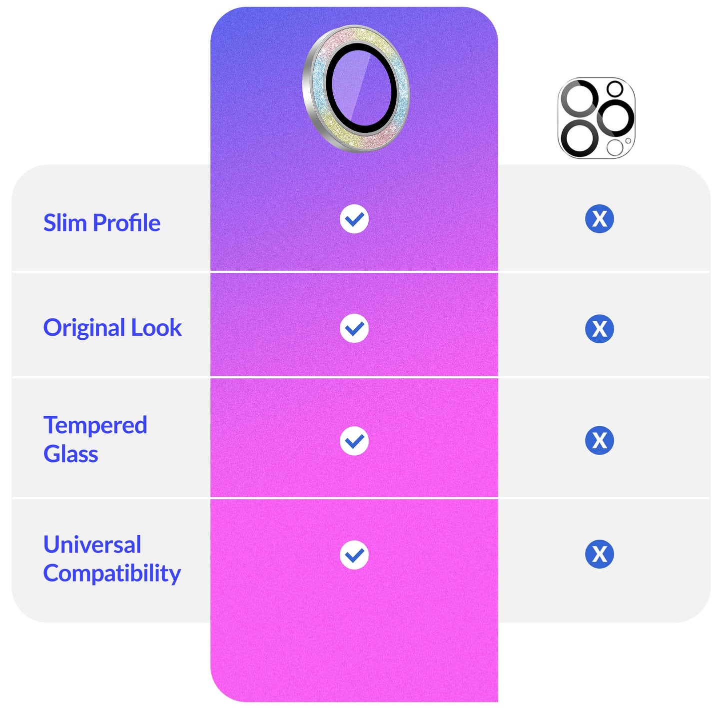 LONLI - for iPhone 16 Pro | 16 Pro Max - Triple Individual Camera Lens Protector - Rainbow Holographic Glitter WN420