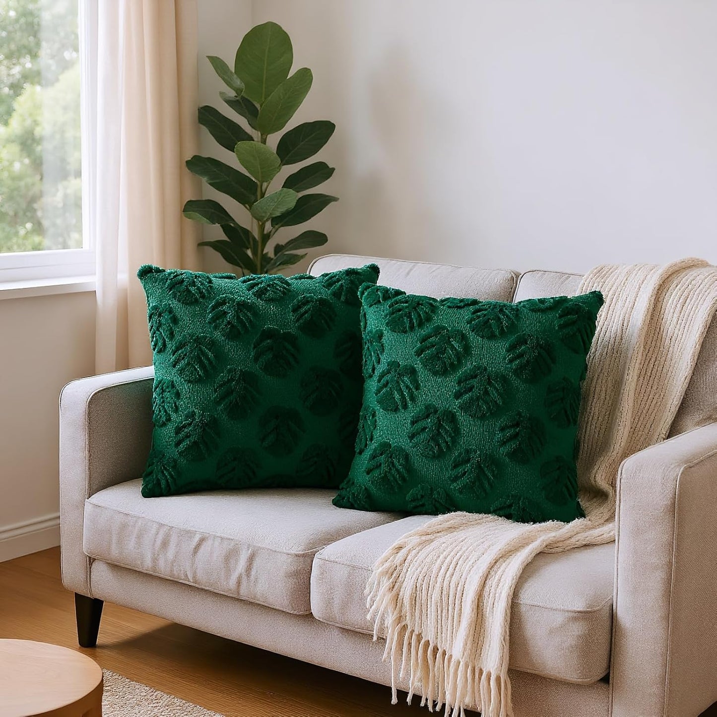 Palm Leaves Decorative Throw Pillow Covers 18"x18", Set of 2 Green Tropical Leaf Soft Faux Fur Pillow Covers, Fluffy Plush Pillow Cases for Farmhouse Couch Cushion Covers BST326H