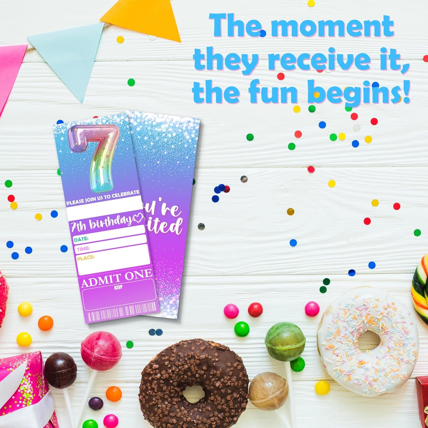 7th Birthday Party Invitations - 3’’ x 8’’ Rainbow Foil Balloon Invites Cards - 20 Double-Sided Fill-in Vip Tickets With 20 Envelopes For Girls Teens - Birthday Party Supplies Decorations - B02 BST326L