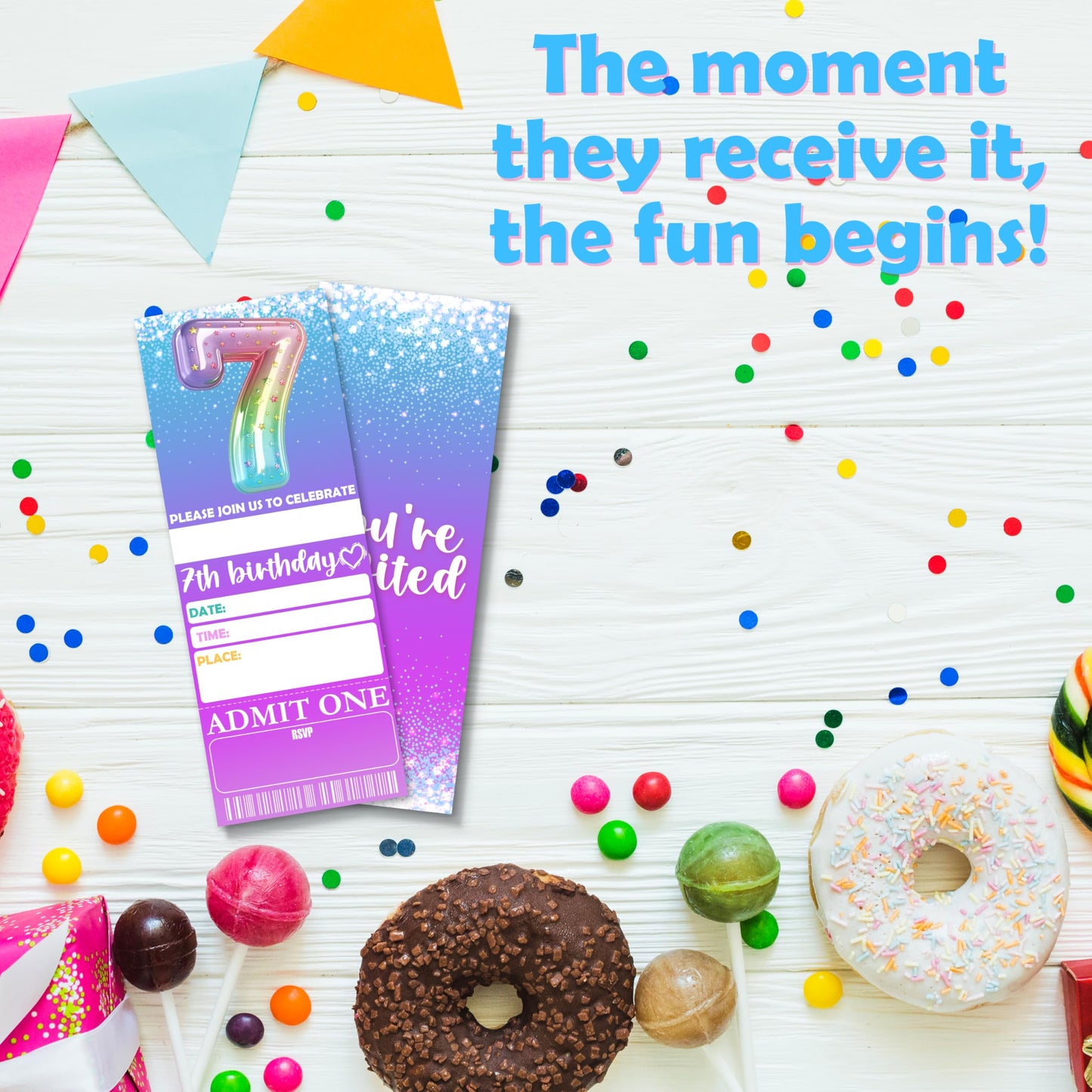 7th Birthday Party Invitations - 3’’ x 8’’ Rainbow Foil Balloon Invites Cards - 20 Double-Sided Fill-in Vip Tickets With 20 Envelopes For Girls Teens - Birthday Party Supplies Decorations - B02 BST326L
