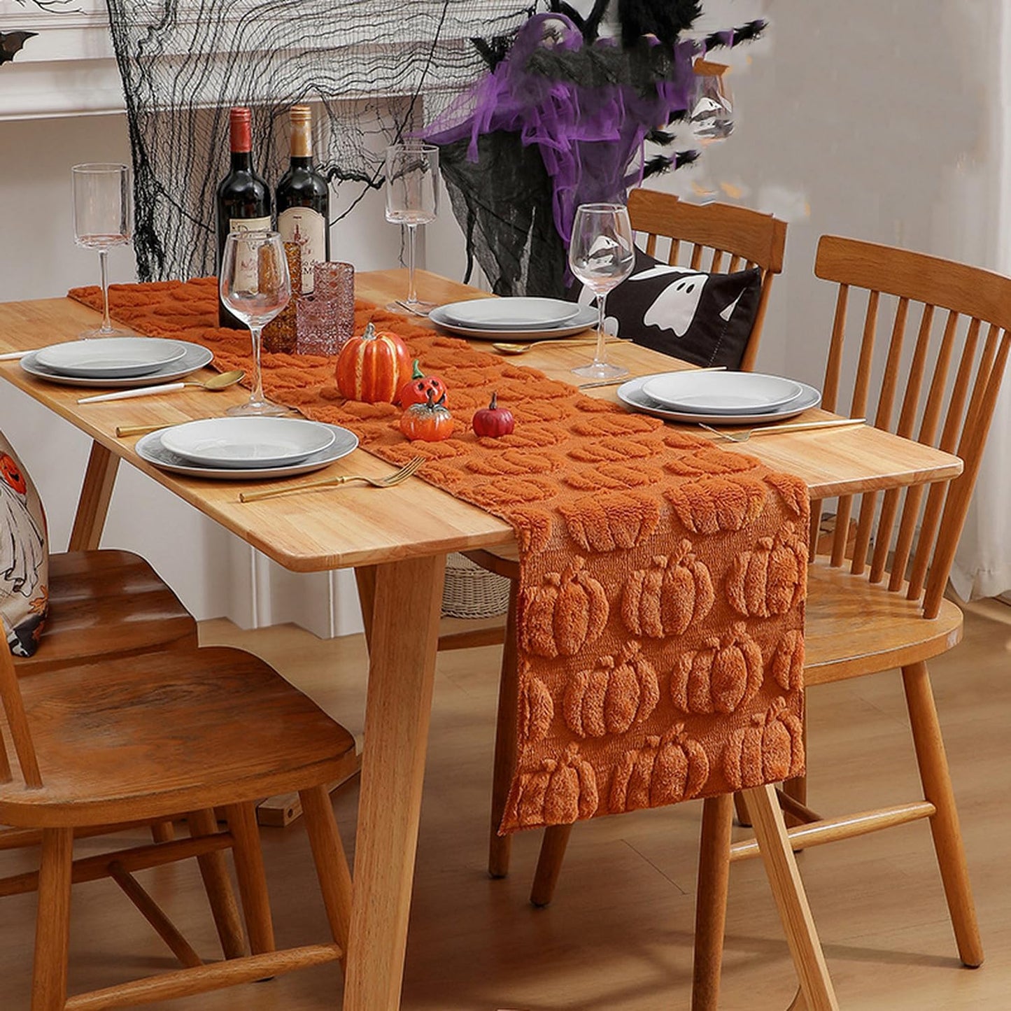Halloween Pumpkin Table Runner Quilted Plush 3D Table Runners Fall Autumn Ivory Halloween Runners for Tables Kitchen Dining Decorations Party Supplies 13x37 Inch WN420