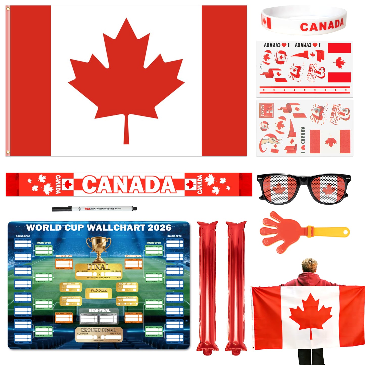 World Cup 2026 Fan Accessories with Large 3x5 ft Flag, Match Tracker Poster, Stickers, Cheering Sticks, Clapper & Scarf, World Cup Decorations Fan kit for Soccer Watch Party, Stadium and Home Cheering BST202