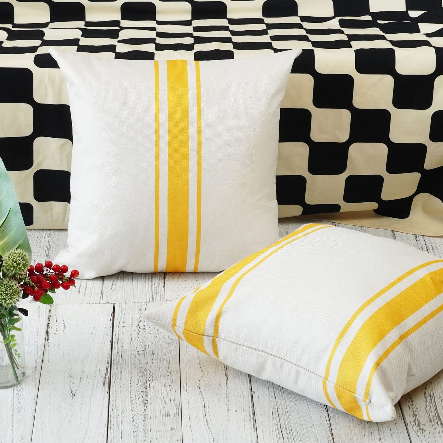 ONWAY Outdoor Pillow Covers Waterproof 18x18 Set of 2 Decorative Linen Throw Pillow Cover Beige and Black Striped Outdoor Pillows for Patio Furniture BST220