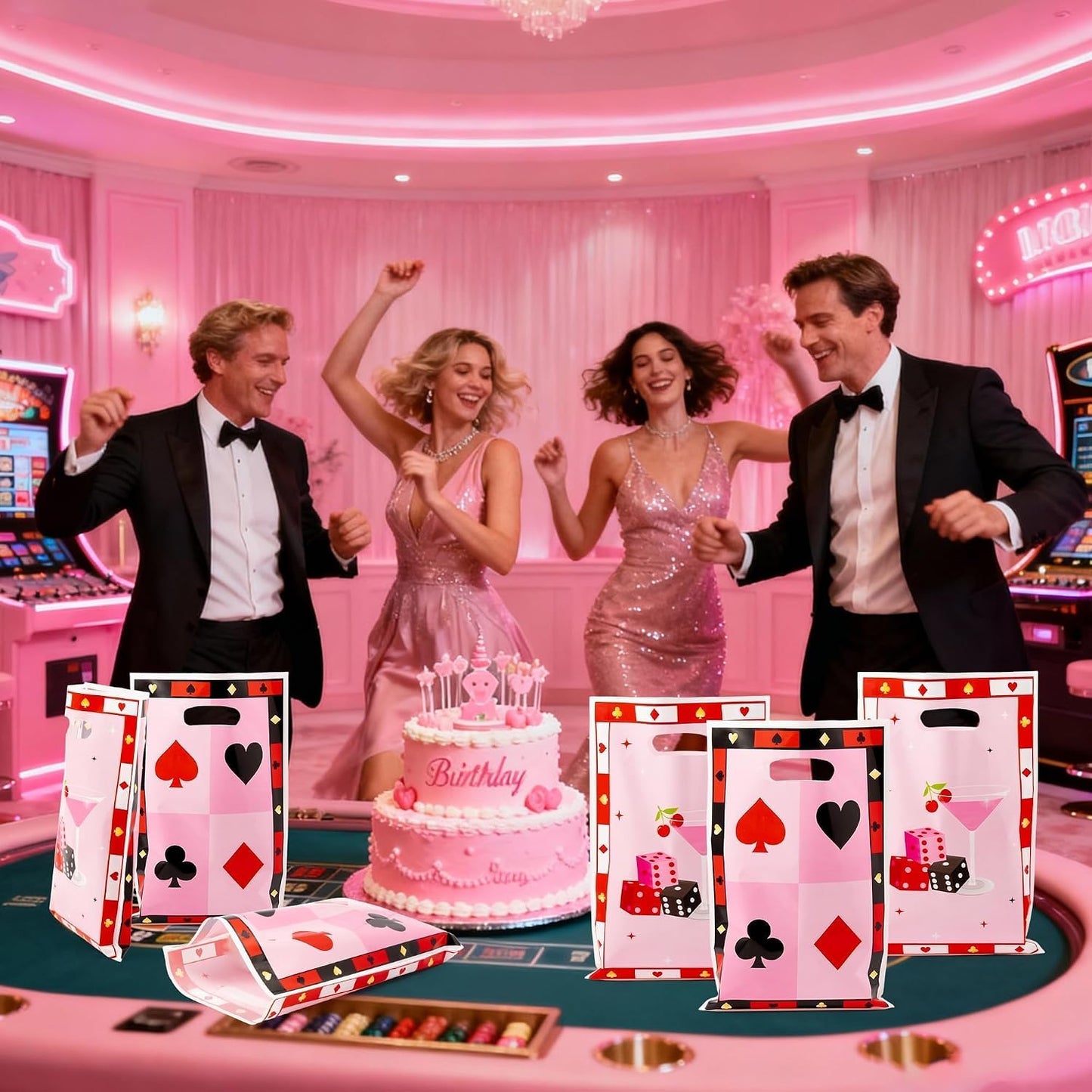 Salovio Pink Casino Party Favor Bags 50Pcs Candy Cookie Treat Goodie Plastic Bags with Handle for Birthday Music Party Supplies Casino Game Night Poker Events Carnival Wedding for Adults Womens Mens BST202