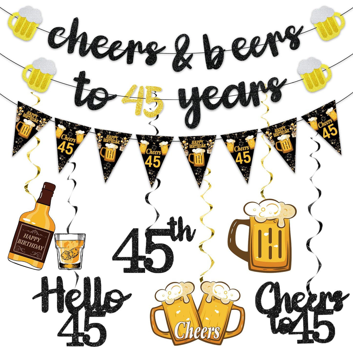 Black Gold 90th Birthday Decorations for Men Women, Glitter Pre-Strung Cheers to 90 Years Banner Hello 90 Hanging Swirls Paper Triangle Flag Banner Decorations Bday Party Supplies Kit WN420