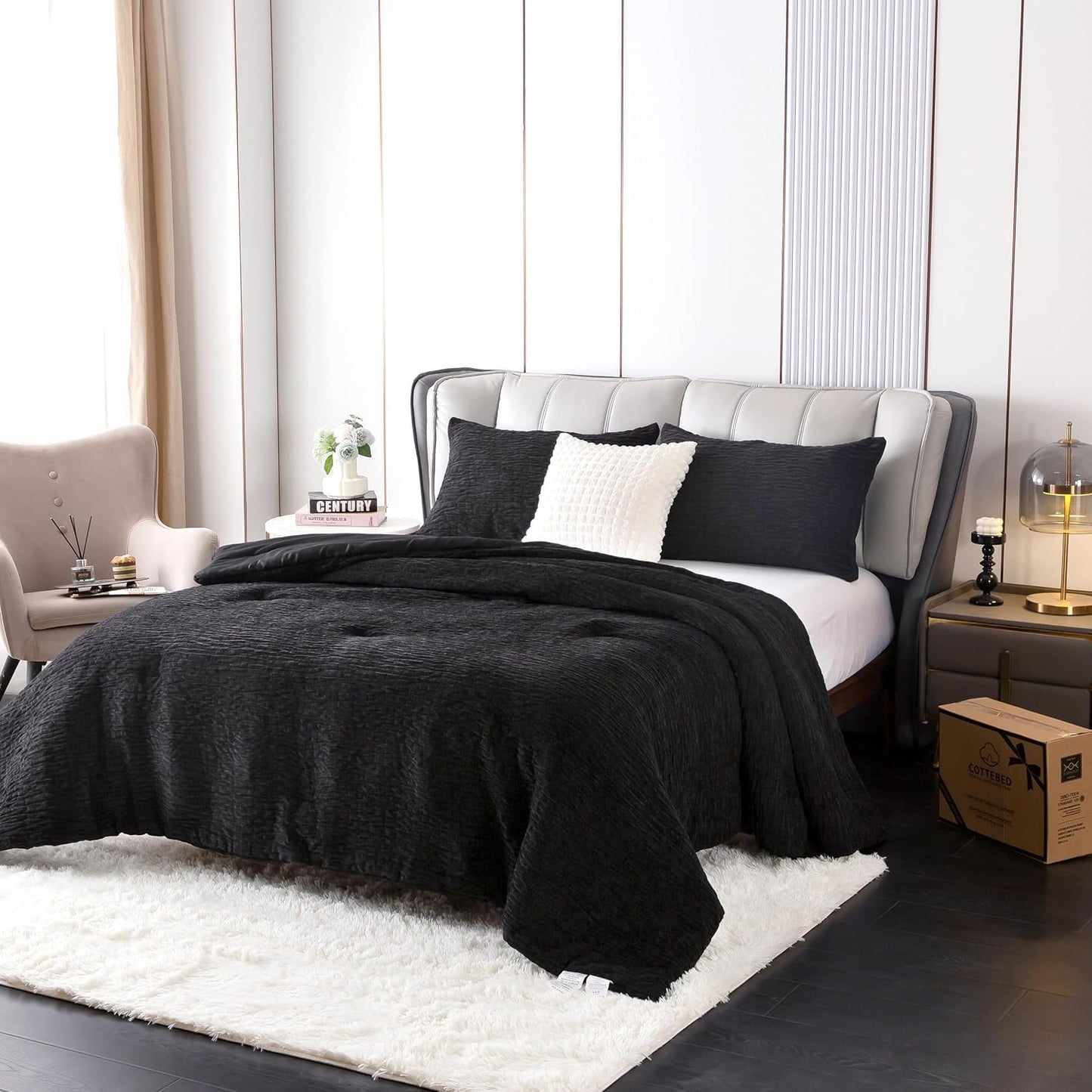COTTEBED Reversible Chenille Cotton Twin Comforter Set, Luxury Textured Stripe Soft Modern Bedding Down Comforter for Kid Children Teen Boy College Dorm, Lightweight All Season (Black,Twin/Twin XL) BST202