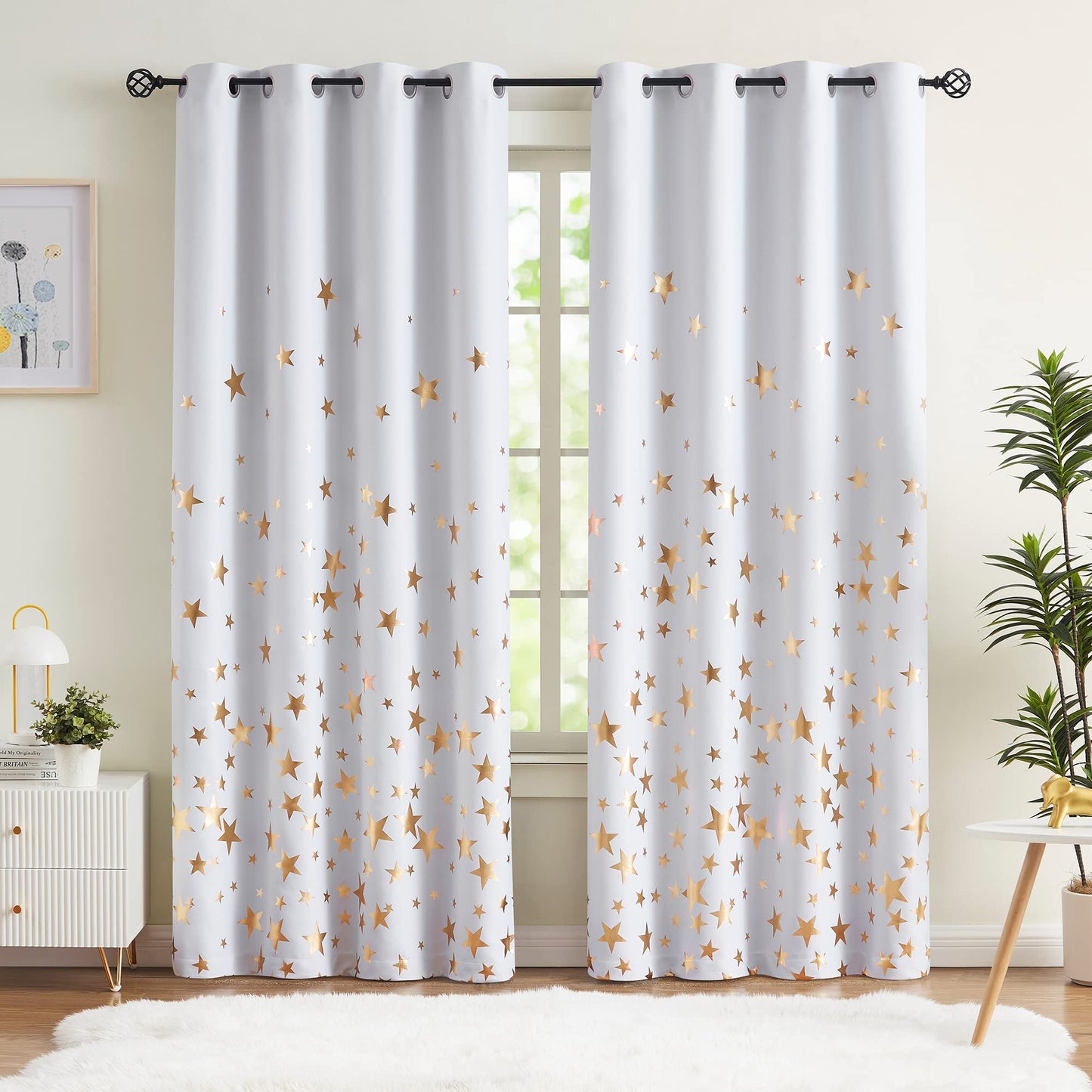 Treatmentex Gold Star Black Full Blackout Curtains for Boys Bedroom, Metallic Window Panels for Baby Nursery Room Grommet Top 2 pcs(Black Gold, 50x63in) BST202