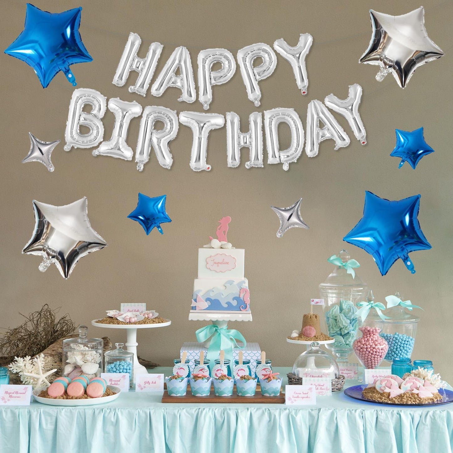 Happy Birthday Balloons Banner, Rainbow Happy Birthday Foil Balloons 16 Inch Foil Letter Balloon with 8 Pcs Gradient Blue Pink Star Balloon for Women Men Boys Girls Birthday Party Decoration WN420