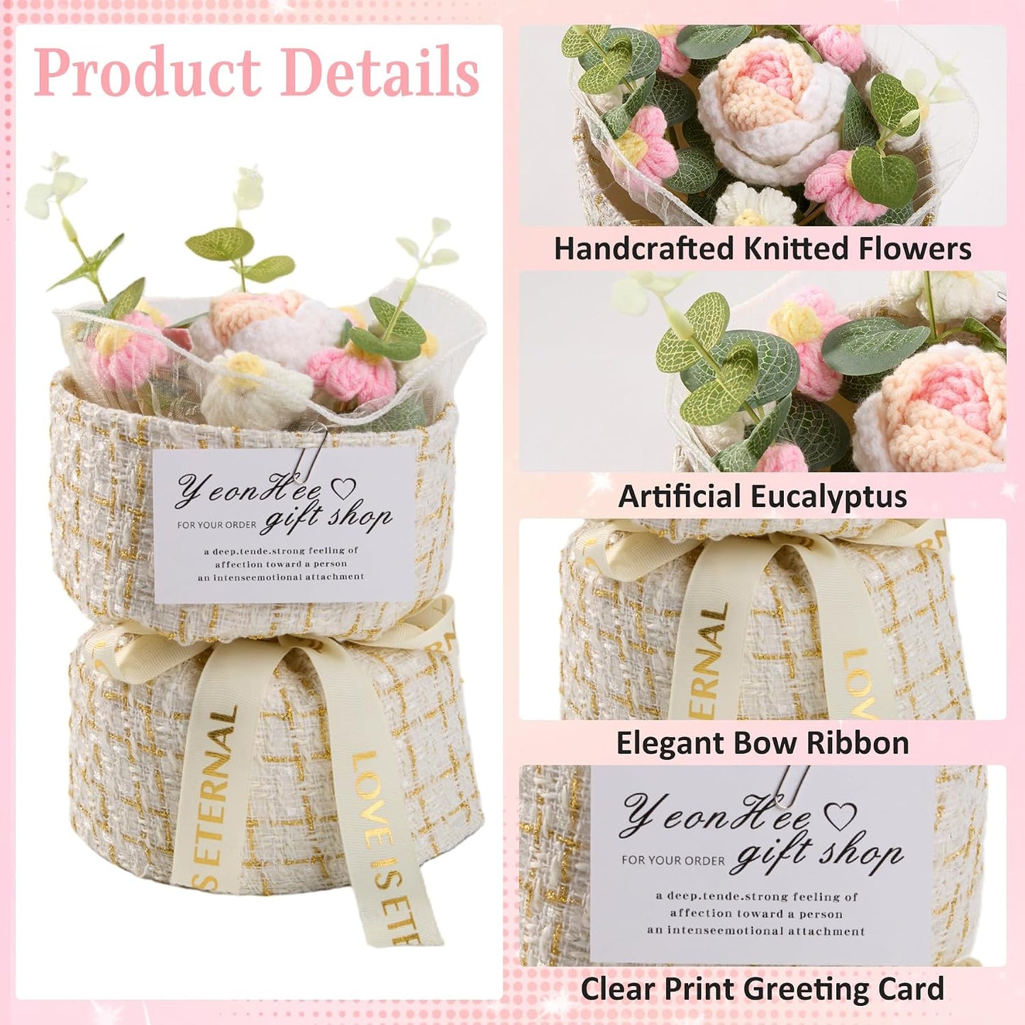 Crochet Bouquet Finished Product - Handmade Knitted Flowers & Pink Roses, Everlasting Yarn Flowers Bouquet in Gift Bag, 8.3” Artificial Flores de Crochet Decor for Mother’s Day Birthday BST202