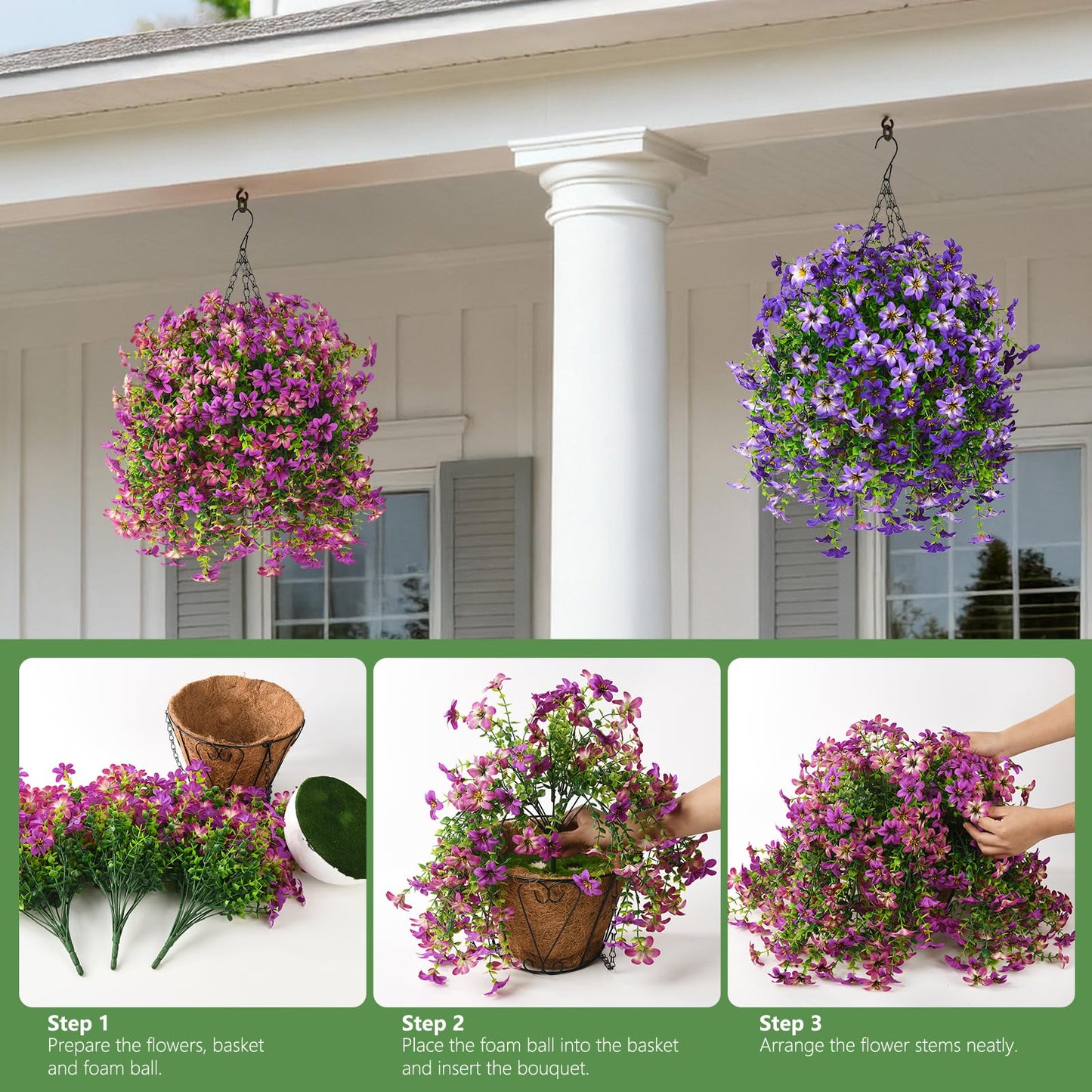 Artificial Flowers for Outdoor Faux Flowers for Plant Pot Spring Decoration | 2 Pcs Faux Hanging Plants UV Resistant Look Real Outside Home Garden Porch Patio Entrance Courtyard Decor BST326H