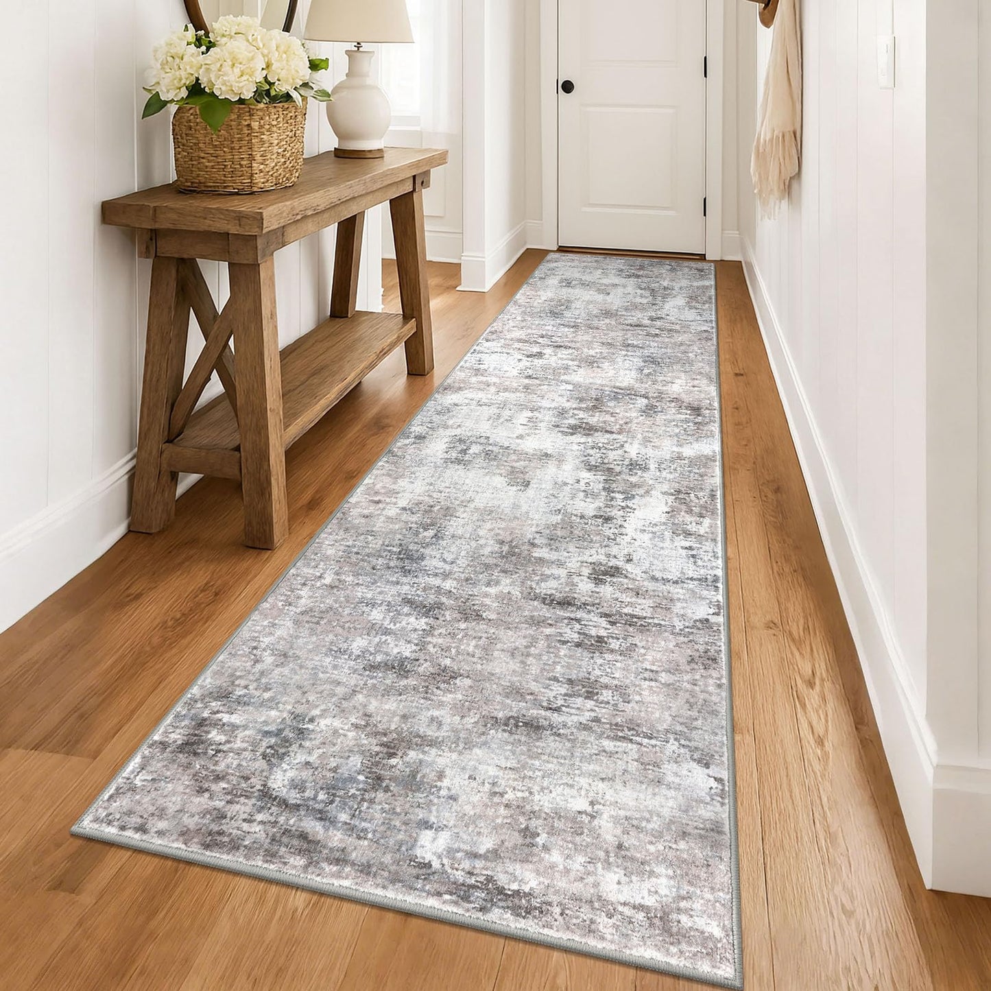 Lansny Modern Abstract Runner - 2x5, Beige Grey Washable Kitchen Entryway Rug Mat Non-Slip Soft Neutral Hallway Rug Thin Print Faux Wool Carpet for Bedroom Laundry Room Indoor BST220