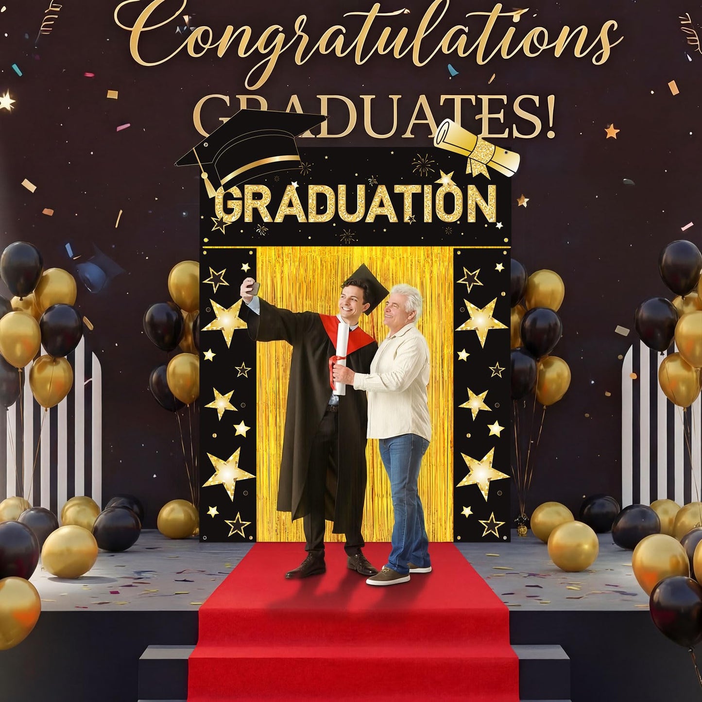 HunnmingRe 7 Pcs 2026 Graduation Party Decoration Include Class of 2026 Graduation Door Porch Banner, Gold Fringe Curtain, Red Carpet, Grad Photo Backdrop for College School(Red) BST202