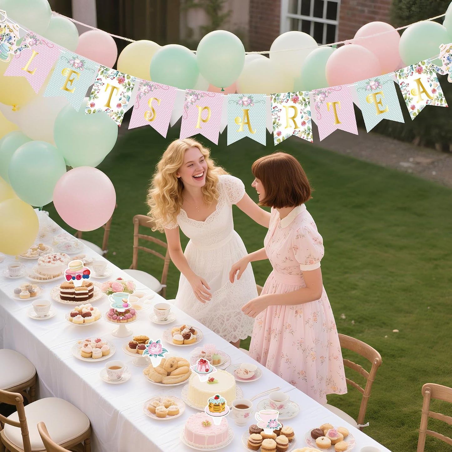 47Pcs Tea Party Decorations Set Floral Garden Party Decor with Balloon Arch, Banner, Cake Toppers, Hanging Swirls for Birthday, Bridal Shower, Baby Shower BST202