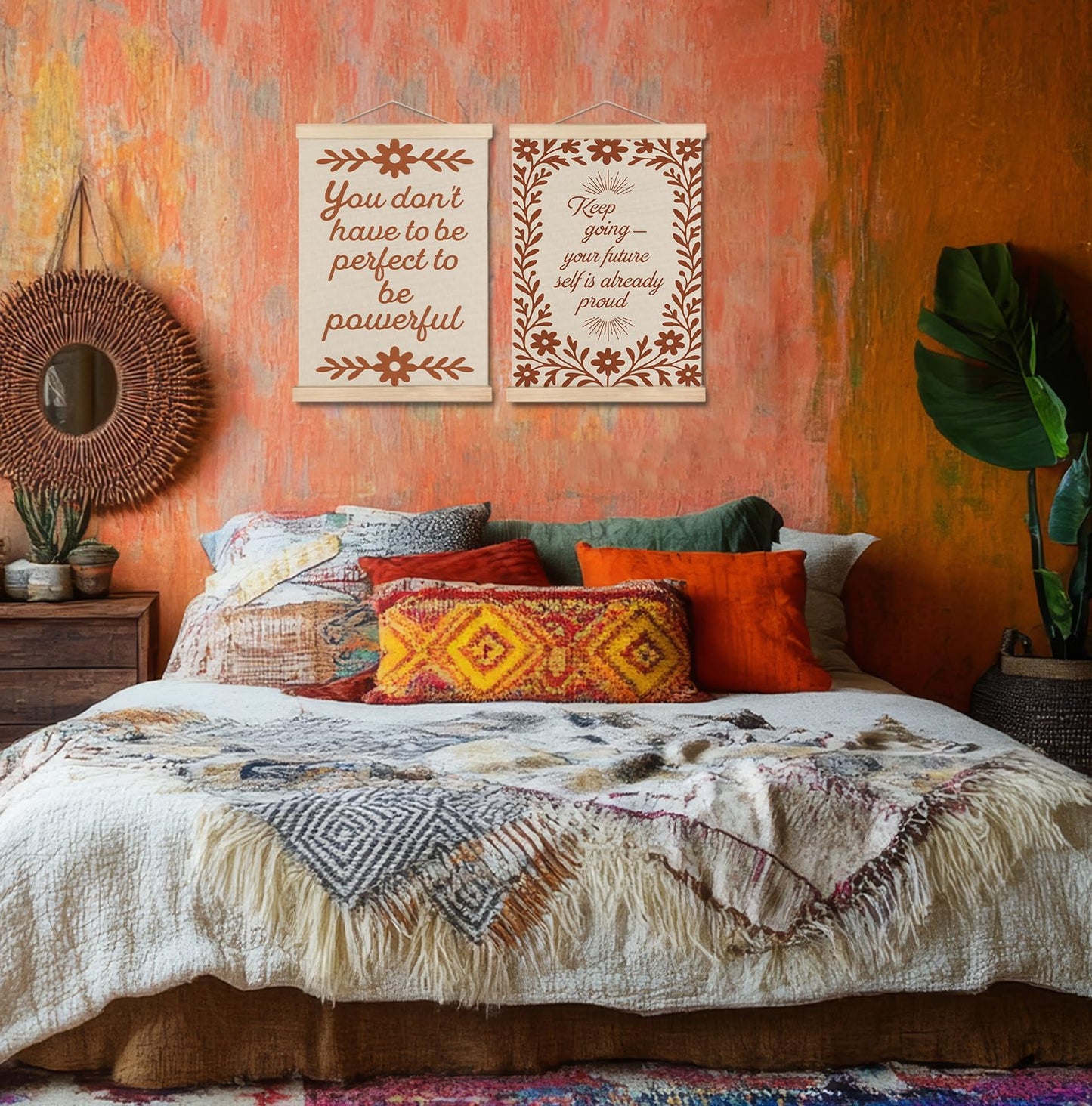 SPBL&L Green Boho Floral Mexican Wall Art, Abstract Flower Poster Hanger Frame, Burnt Orange Terracotta Botanical Hanging Canvas Pictures Prints Wall Decor for Home Bedroom, 12x16 Inch Set of 2 BST202