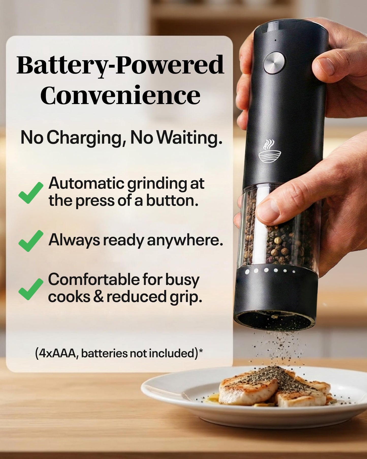Electric Salt and Pepper Grinder Set - Black 2 Pack Battery Operated Mills with 95ml Large Capacity, Adjustable Coarseness, Built-in LED Light, Automatic Salt & Pepper Shakers for Kitchen BST220