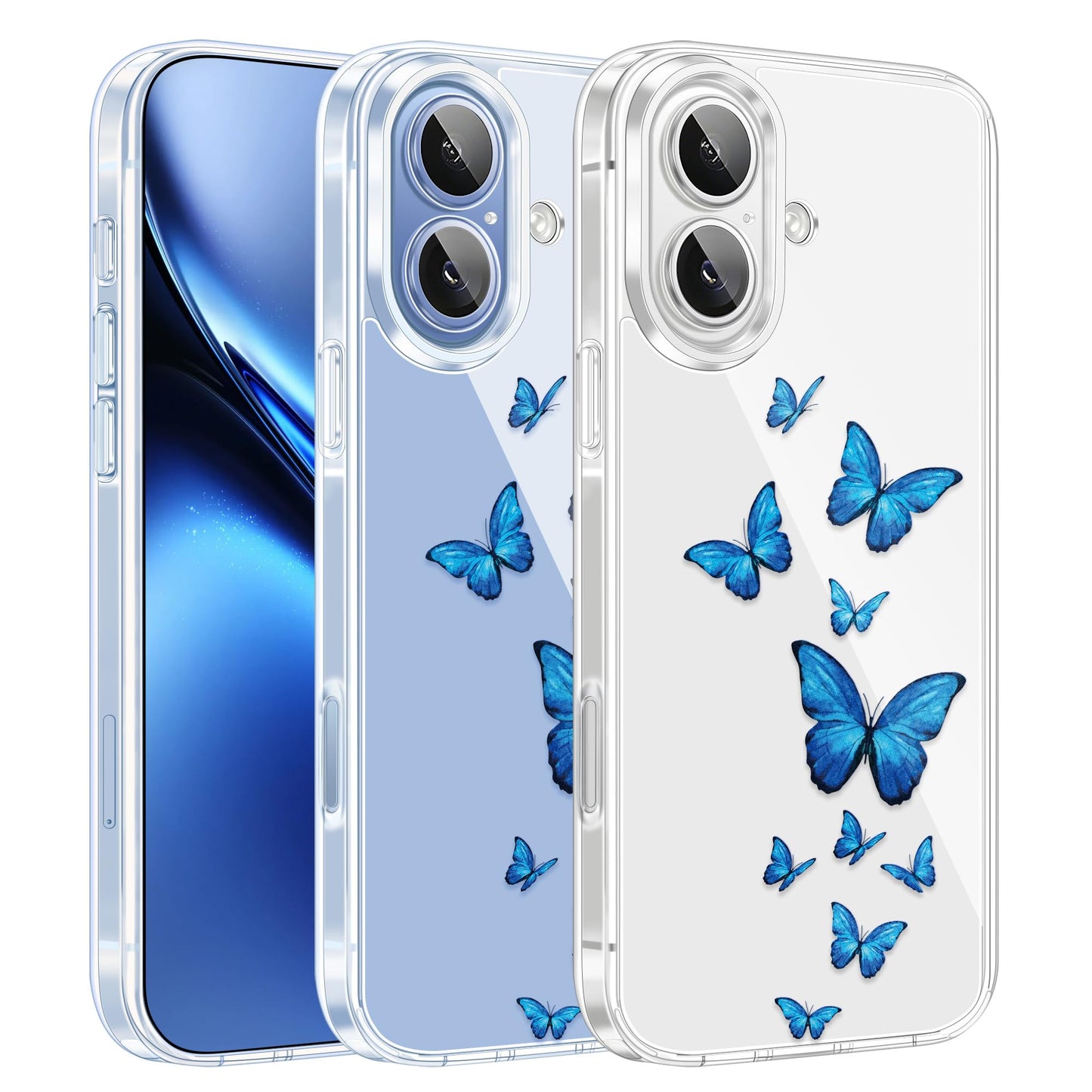 Cute Girly Crystal Clear Case Compatible with iPhone 16 Pro, Camera Control & Shockproof Protection Floral Case for Women, Blue Butterflies WN420