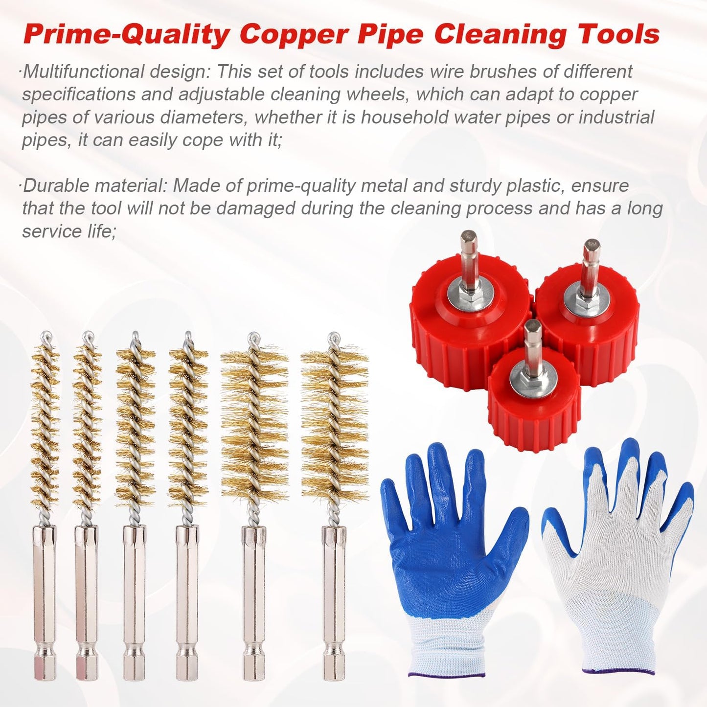 9-Piece Copper Pipe Cleaner Kit for Power Drill, 1/2" 3/4" 1" Alloy Tube Cleaning Brush & 6pcs Wire Bore Brush Fitting Tool with Gloves for Brass & Bronze Pipes Soldering Maintenance BST326H