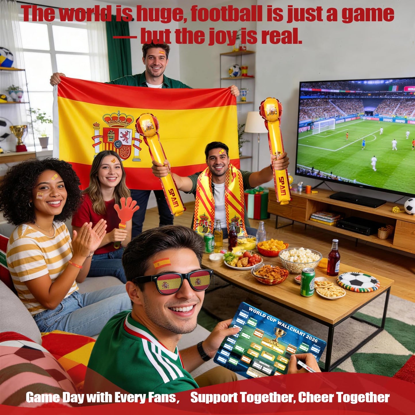 World Cup 2026 Fan Accessories with Large 3x5 ft Flag, Match Tracker Poster, Stickers, Cheering Sticks, Clapper & Scarf, World Cup Decorations Fan kit for Soccer Watch Party, Stadium and Home Cheering BST202