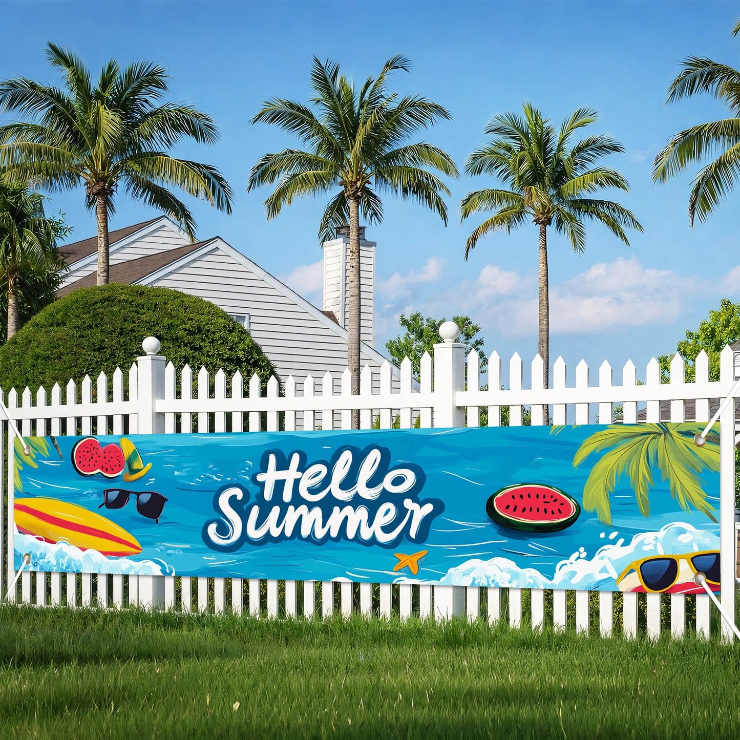 BlissYard Hello Summer Banner 118 x 20 Inch Pool Party Decorations Beach Surfboard Watermelon Tropical Fence Sign Hawaiian Luau Outdoor Backyard Wall Decor BST220