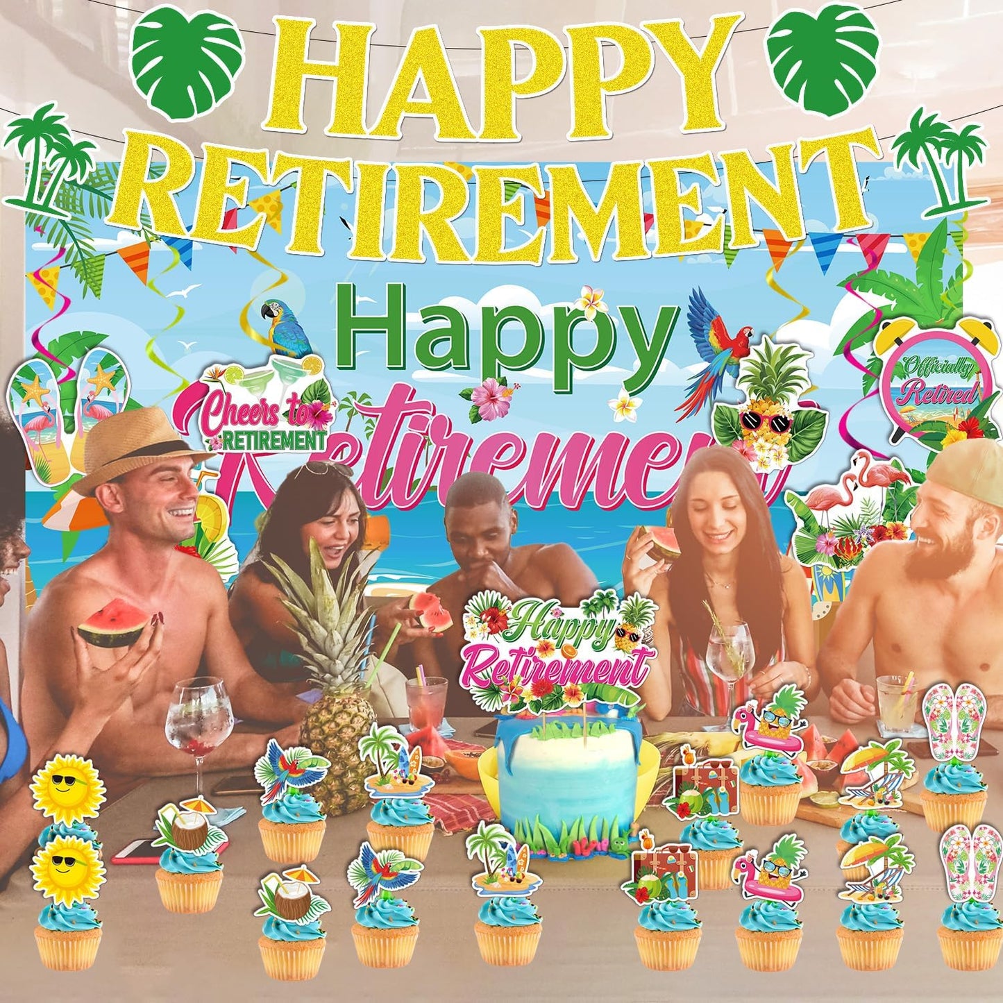 Rngmsi Hawaiian Retirement Party Decorations - 26 Pcs Happy Retirement Banner Decorations Set with Backdrop Hanging Swirls Cupcake Toppers Cake Topper, Aloha Tropical Summer Beach Party Decor Supplies WN420